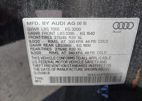 2015 Audi Q7 3.0 Tdi Premium из США, поврежденный, VIN WA1LMAFE6FD030173